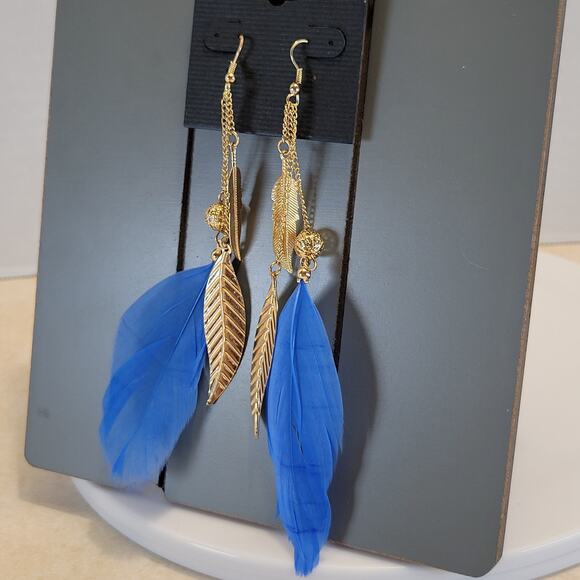 Blue Feather Leaf Dangle Earrings Gold Chain 5.75" Long Body Central 5.75" Boho - Picture 5 of 6